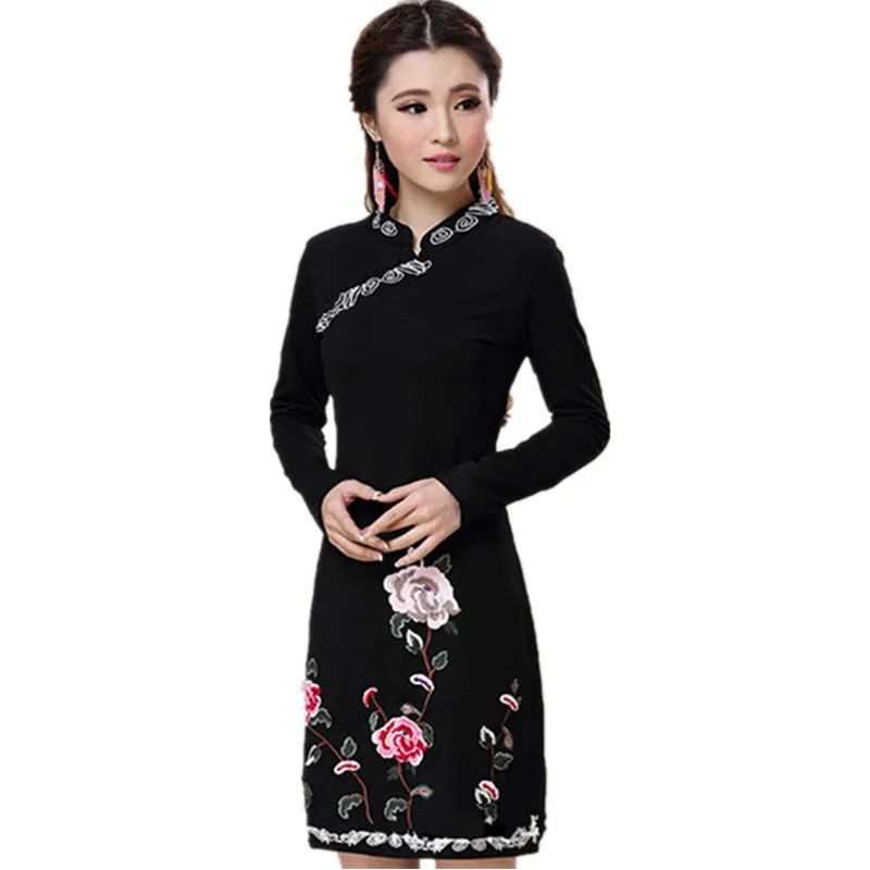 Брендовое весенне-осеннее женское платье с вышивкой из хлопка и льна элегантное