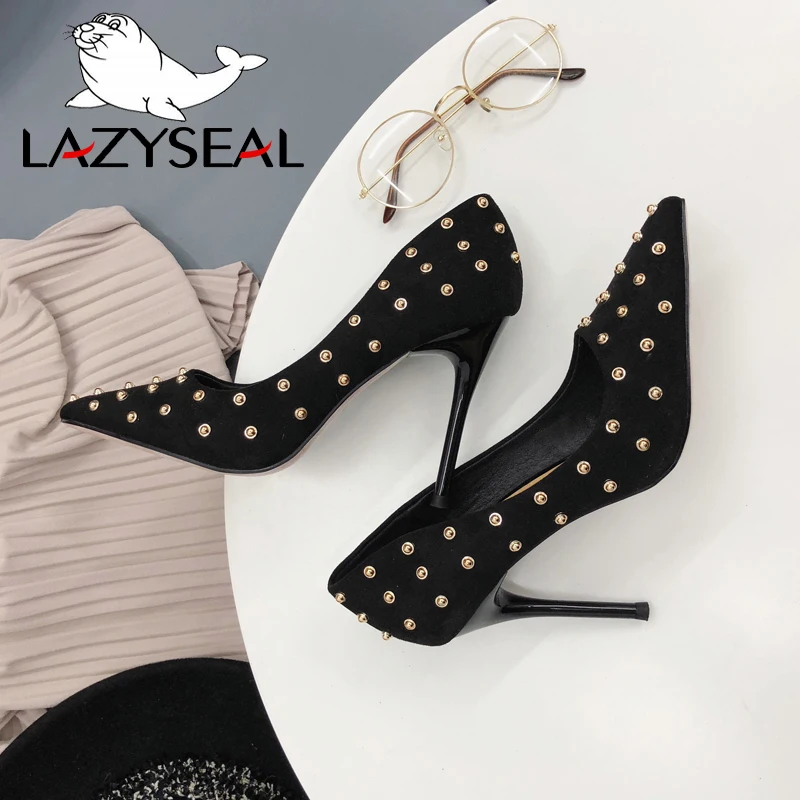 Женские туфли лодочки LazySeal 2019 заклепки шпильки обувь на высоком каблуке 10 см