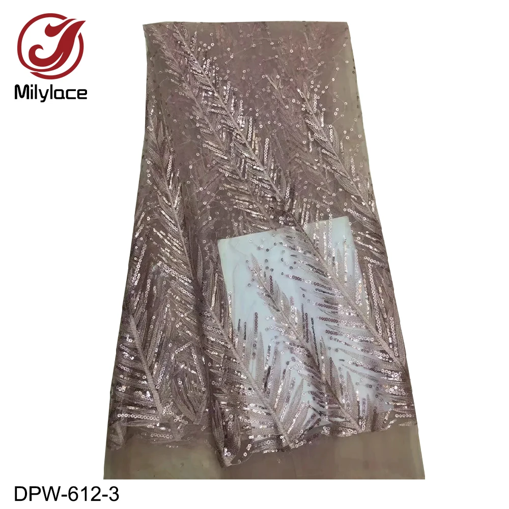 Milylace нигерийская Кружевная Ткань 5 ярдов блестящее расшитое блестками Сетчатое кружево с вышивкой перьев для вечерние платья DPW-612