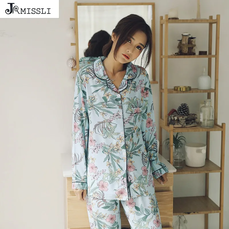 Пижама JRMISSLI с принтом 100% хлопок женские пижамные комплекты на весну длинным