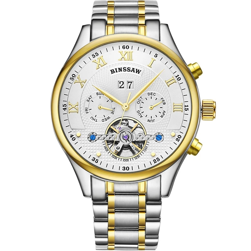 BINSSAW Мужские автоматические механические золотые часы из нержавеющей стали