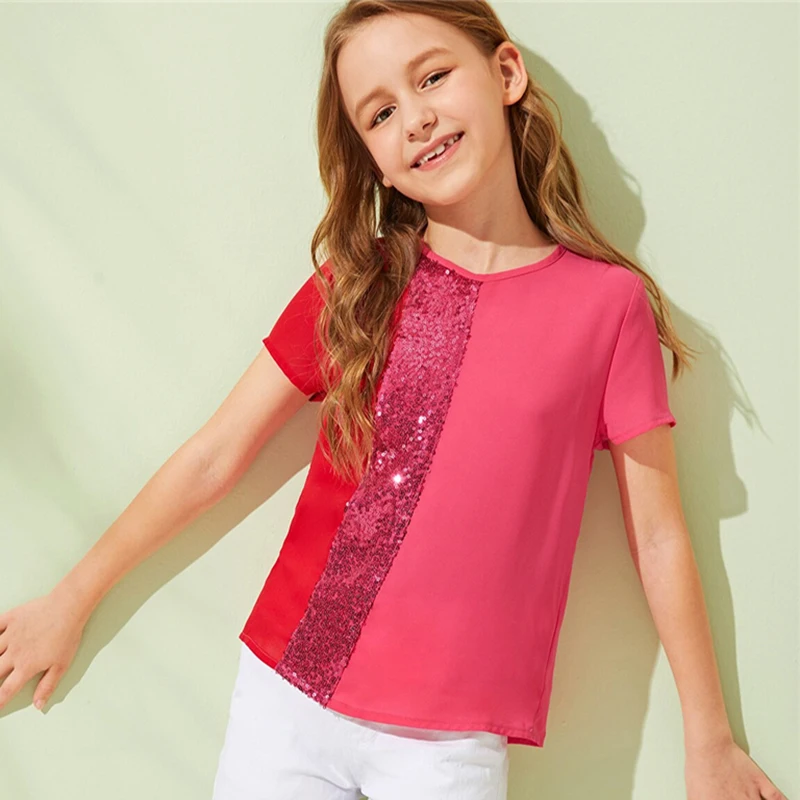 SHEIN Kiddie/Милая однотонная блузка с воротником-стойкой и оборкой для девочек детская одежда г., летний рукав-волан, топы с оборками на пуговицах сзади