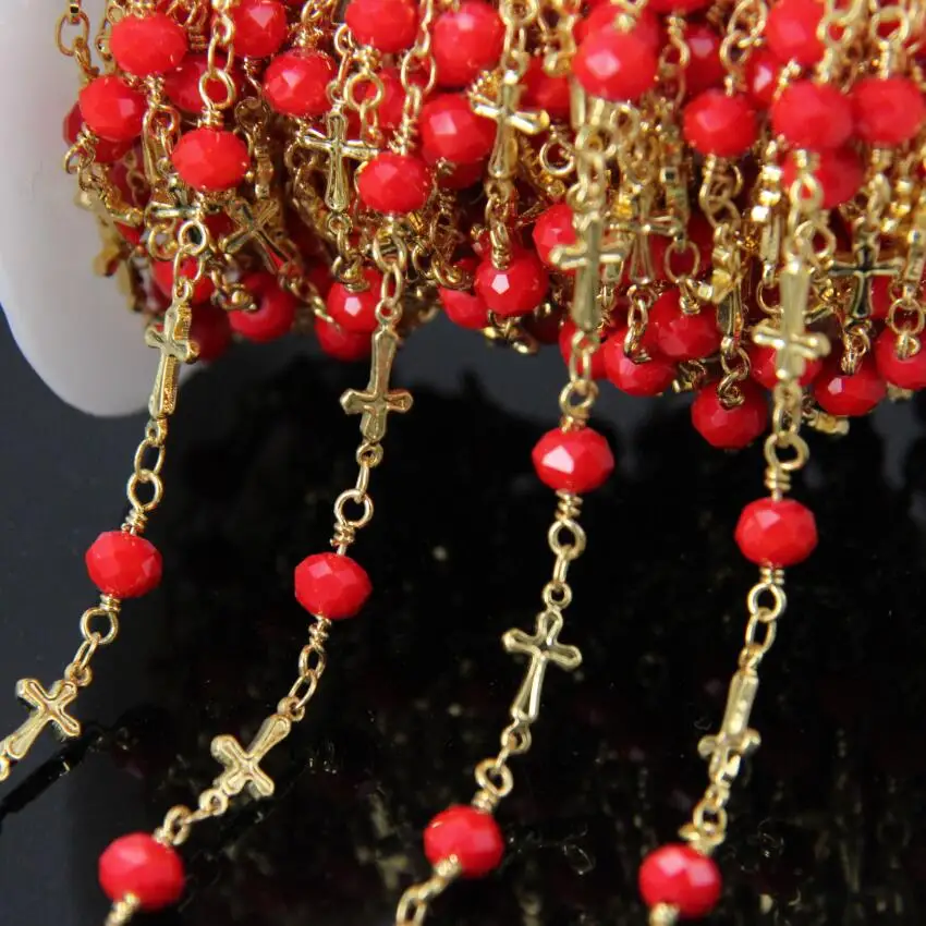 

5Meter Red Glass Faceted Rondelle Chain,Glass bead gold plated Cross Rosary Chains,Wire Wrapped Fashion Necklace Jewelry making