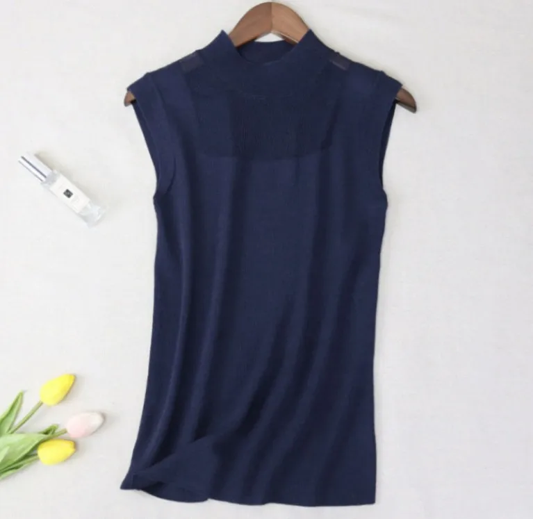 

Womens Sleeveless Solid Knitted Mesh Blouses 2020 Summer Ladies Elegant Fashion Stand Collar Mesh Feminine Woman Korean Tops