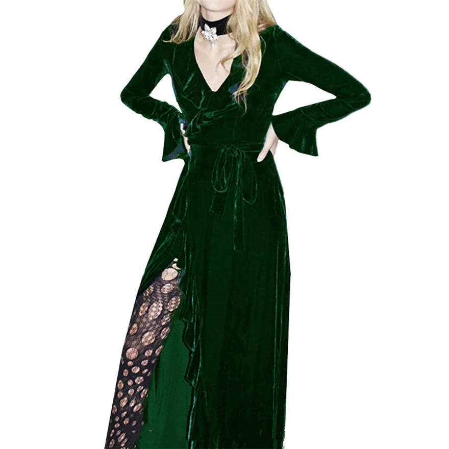 Женское платье с длинным рукавом и v образным вырезом Золотое бархатное