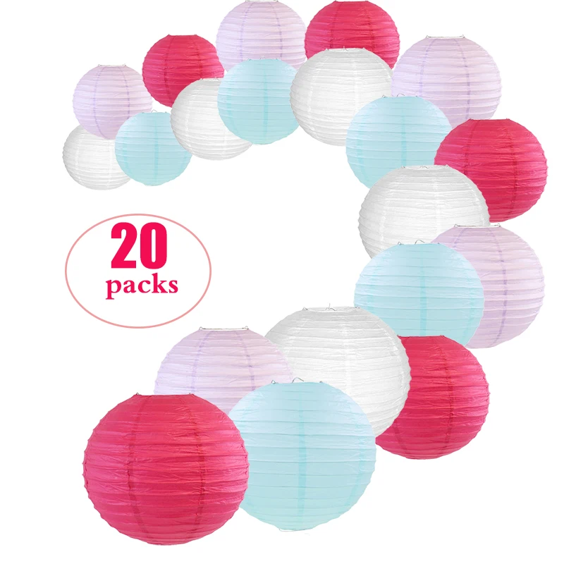 

20 Pcs/Set 6"8"10"12"14" Chinese Paper Lantern Mixed Colors White Rose Light Blue Purple lampion for Wedding Eve Hanging Decor