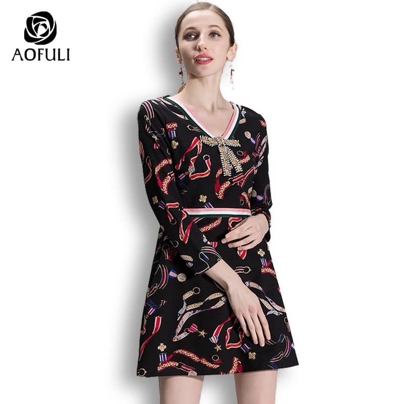 AOFULI S-Xxxl 4xl 5xl элегантный Для женщин весеннее платье одежда с длинным рукавом