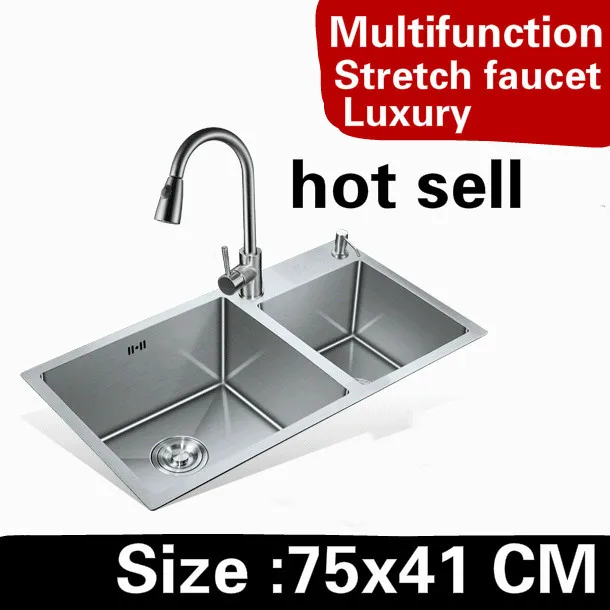 

Free shipping Home kitchen manual sink double groove high capacit wash vegetables stretch faucet 304 stainless steel 75x41 CM