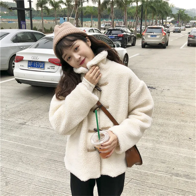 Women Winter New Lamb Cashmere Jacket Outerwear Large Size Standing Collar Loose Horn buckle Thickening Warm Coat Overcoat | Женская
