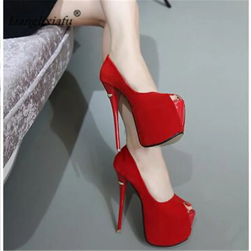 

LLXF Summer Stiletto Flock/Patent Leather women sandals 16cm high-heeled open toe shoe female shallow mouth Peep Toe Pumps