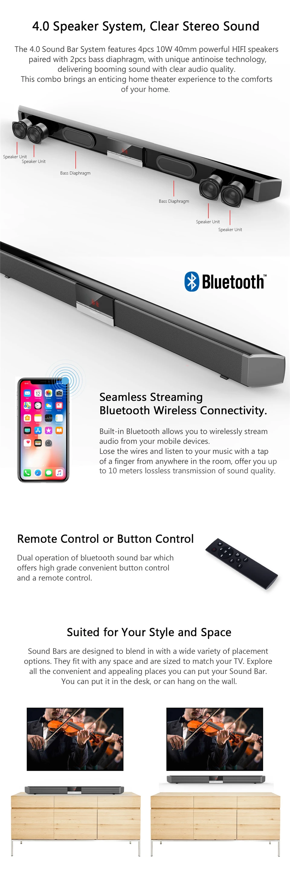XGODY SR100 плюс Bluetooth Саундбар 40 Вт домашний кинотеатр тв звуковая панель беспроводной динамик Aux-In коаксиальный Оптический сабвуфер колонки