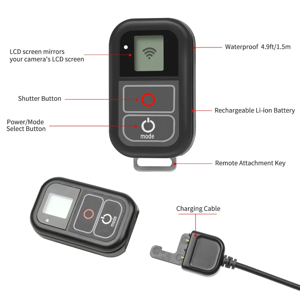 SHOOT for GoPro WiFi Remote Control With Charge Cable Wrist Strap Waterproof Remoter Go Pro Hero 7 6 5 4 Session Accessory | Электроника