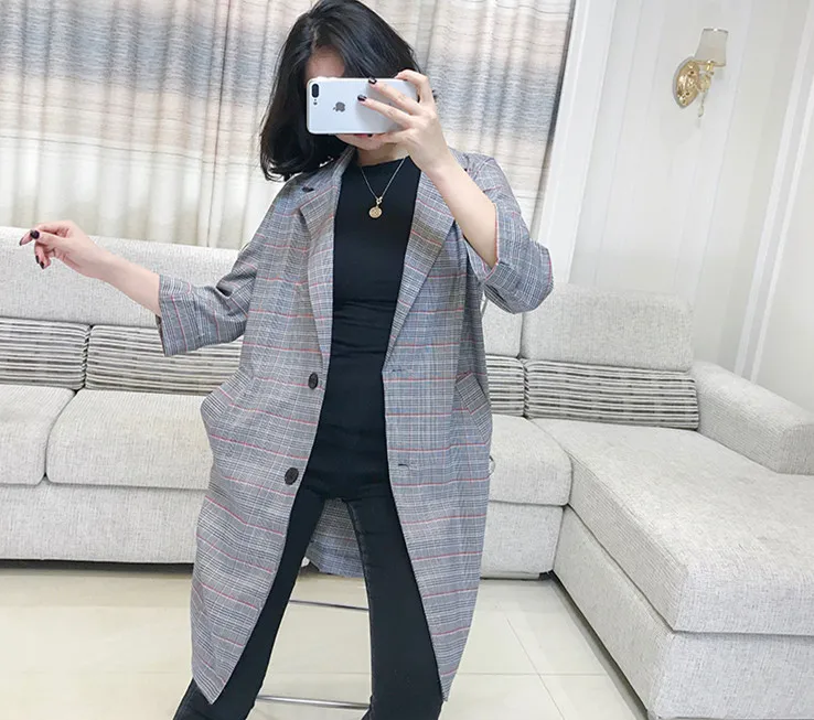 ALPHALMODA осенние женские винтажные клетчатые костюмы с рукавами, однобортный Женский Повседневный тонкий костюм - Цвет: Серебристый