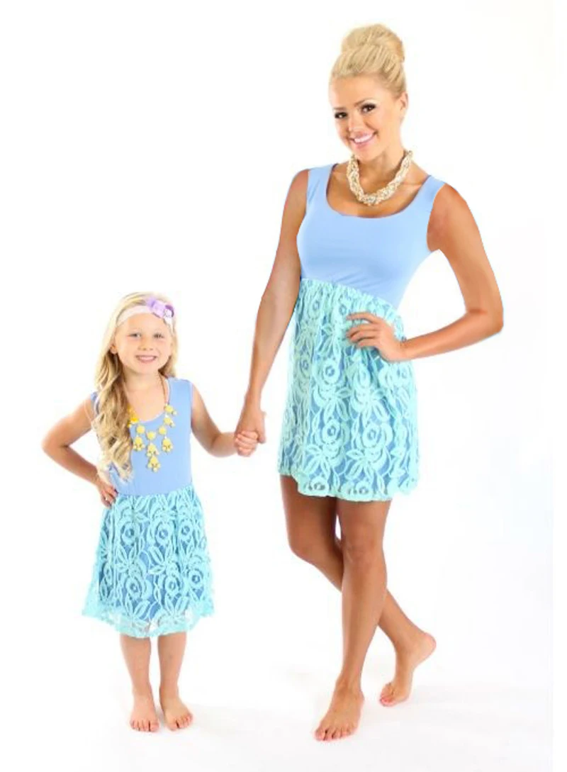 2018 летние для мамы и дочерей Костюмы платья без рукавов лоскутное кружева мама я