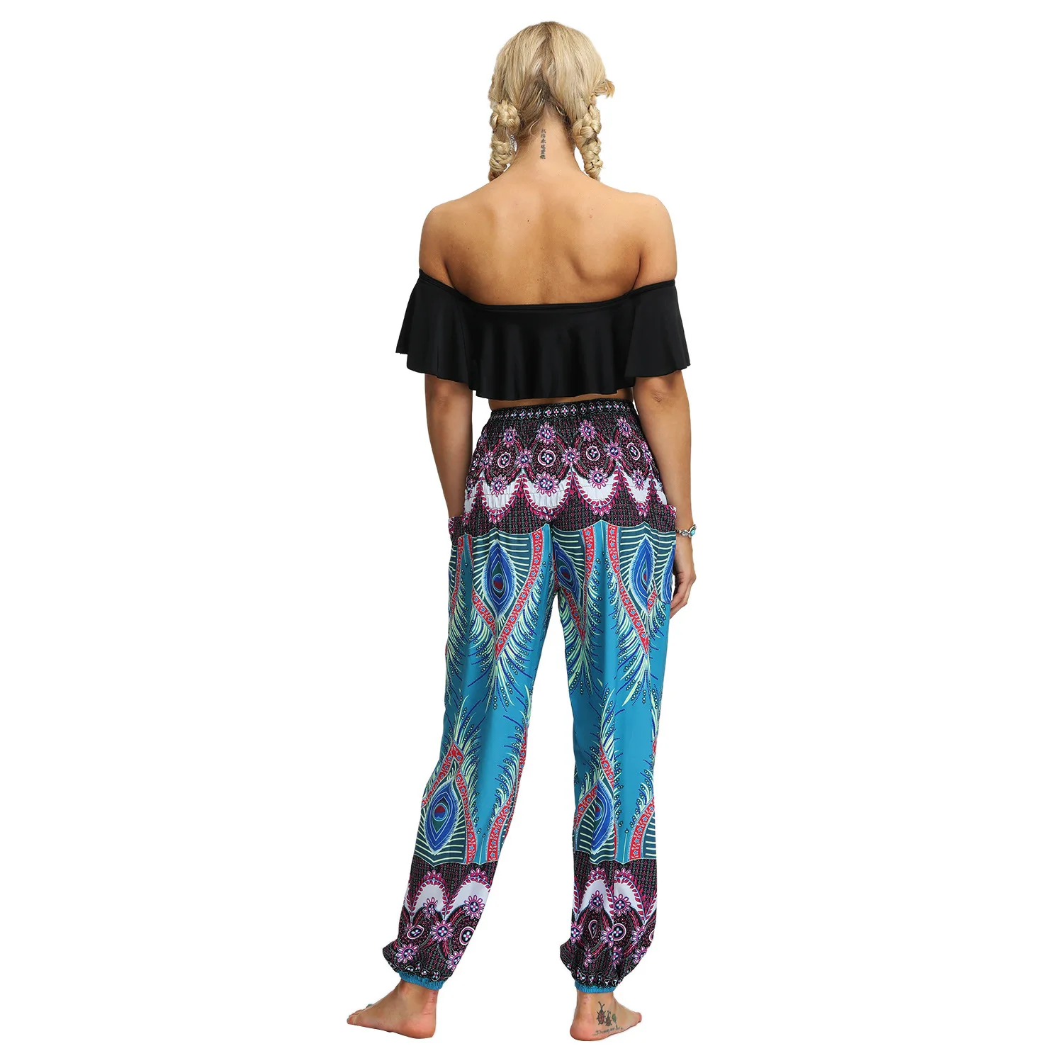 JIGERJOGER Tie die Peacock feather Smock шаровары женские брюки широкие шаровары плюс размер бегунов пляжные брюки
