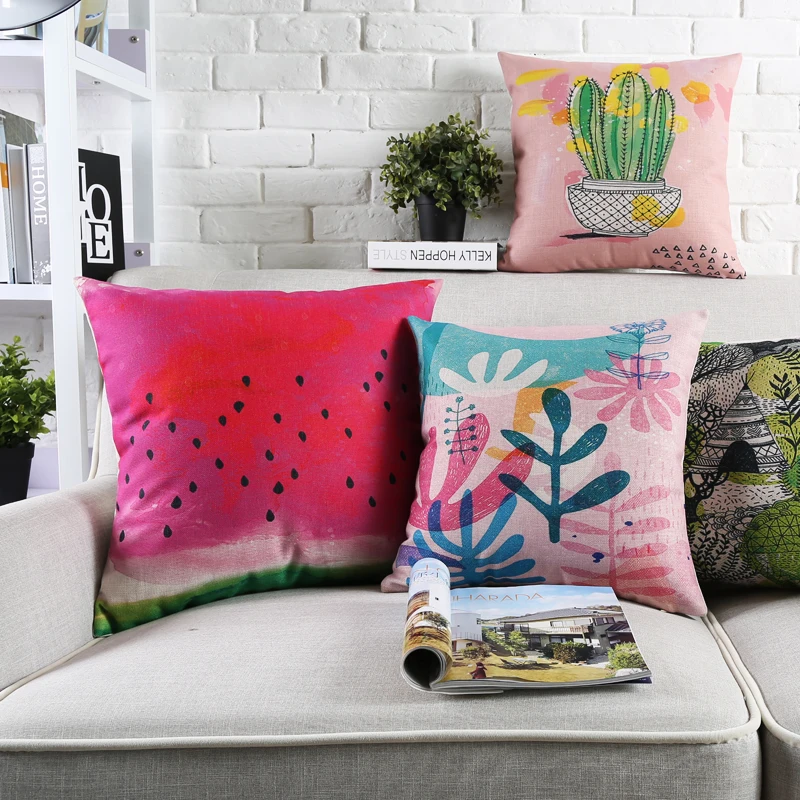 Чехол на подушку винтажная цветная Подушка с изображением кактуса в натуральном