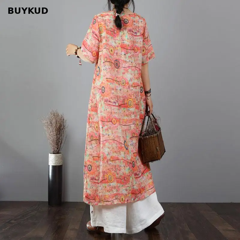 BUYKUD 2018 New Women Short Sleeve Split Round Neck Summer Dress Print Long Plus Maxi | Женская одежда