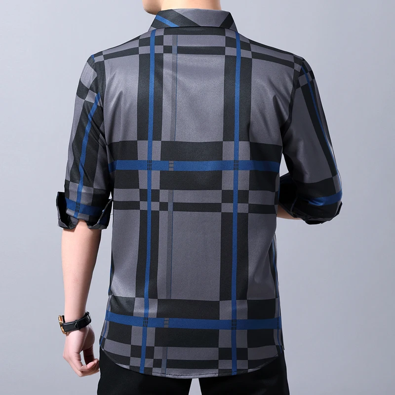 Мужская рубашка с длинным рукавом MIACAWOR повседневная приталенная в клетку модель