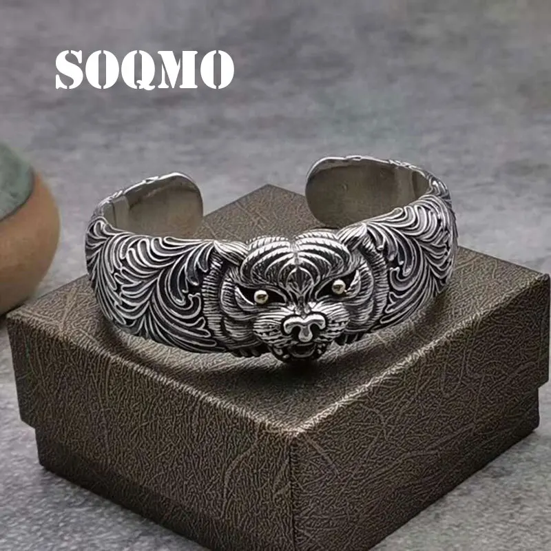 SOQMO модный Регулируемый браслет с головой тигра 100% Стерлинговое Серебро 925 пробы