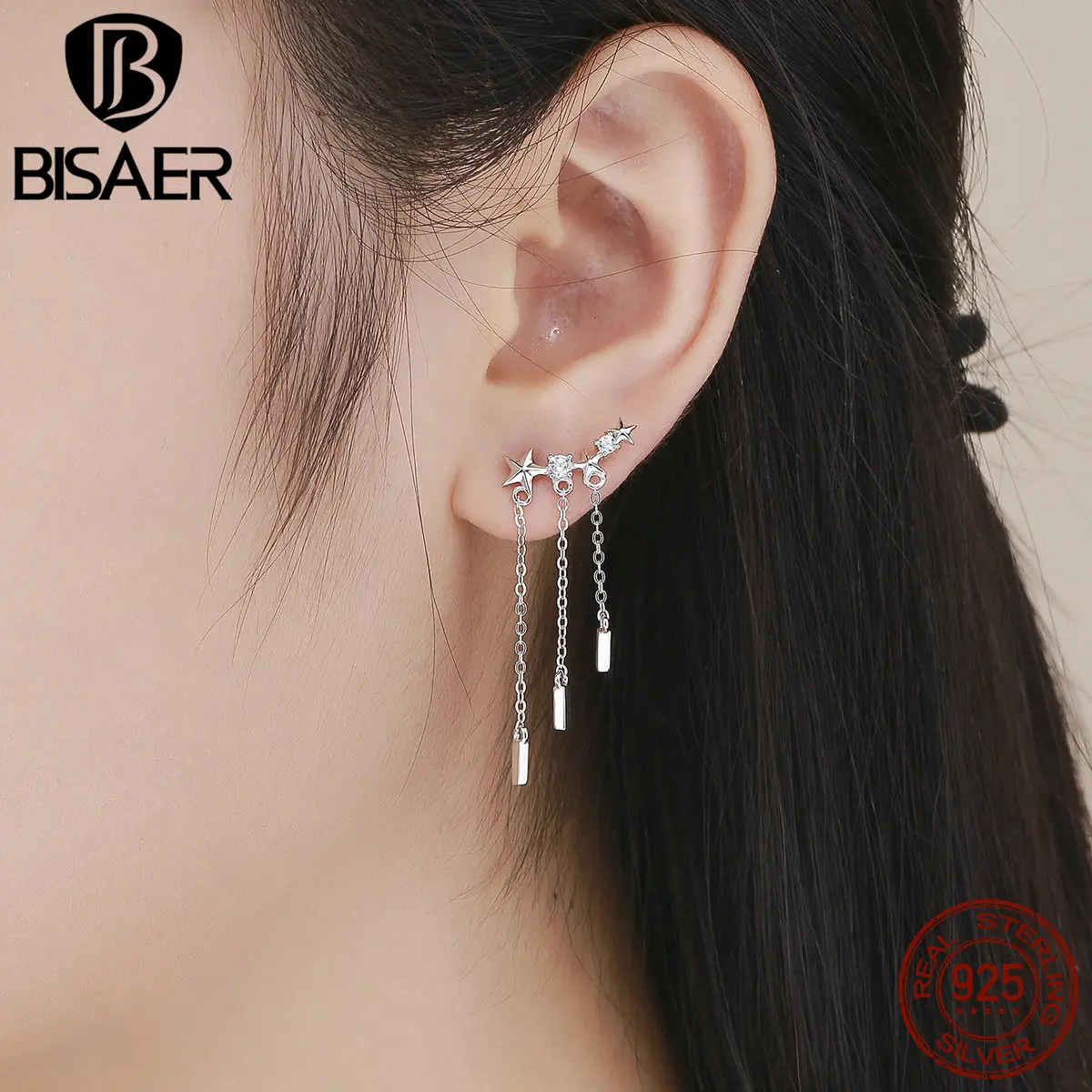 BISAE 925 пробы, серебряные серьги-гвоздики со звездами для женщин, Простые Длинные Модные серьги с кисточками, ювелирные изделия, серьги ECE399