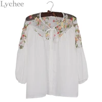 lychee spring autumn women blouse flower embroidery mesh patchwork lantern sleeve chiffon shirt tops