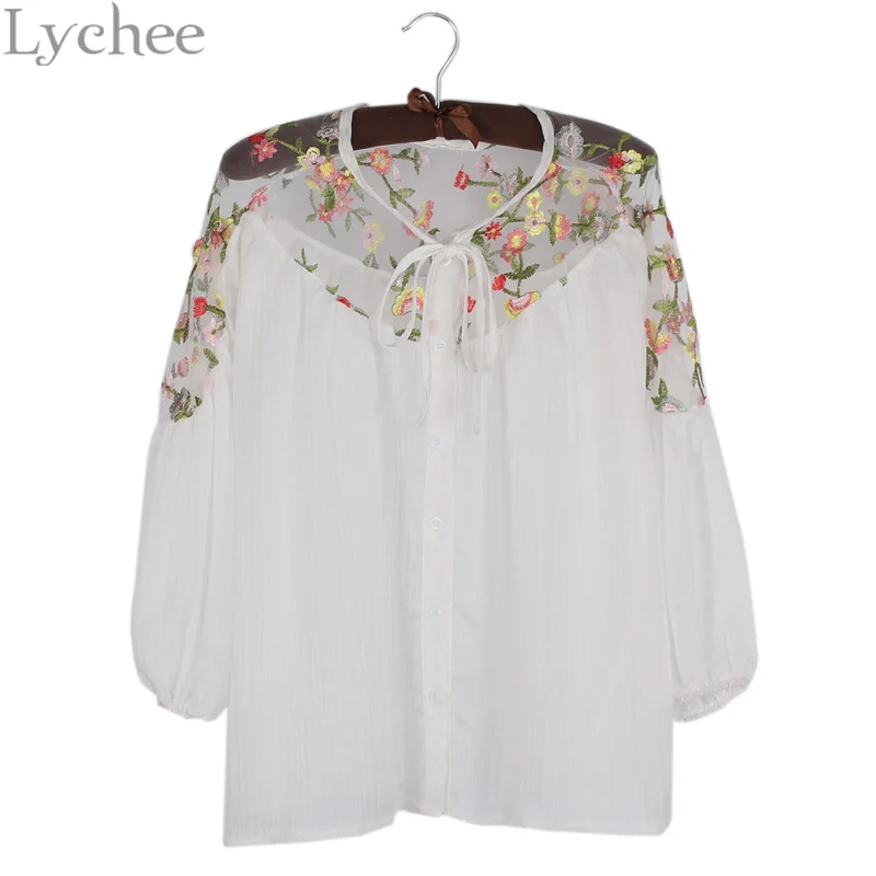 Женская шифоновая блузка с цветочной вышивкой и рукавами фонариками|chiffon shirt