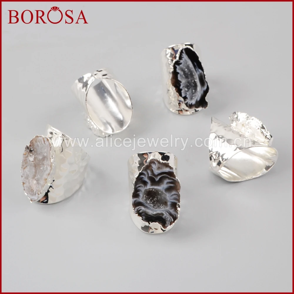 BOROSA Druzy серебряного цвета свободной формы Природный камень Друза Открытые Кольца