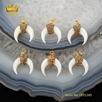 10pcs shell horn pendant fashion jewelrycrescent moon white shell with gold rhinestone inlay ox horn pendentifs findings dss101