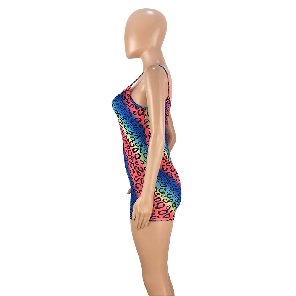 2019 Для женщин Радуга Playsuit Sexy Club летних вечеринок Sleveeless Bodycon спагетти леопардовый