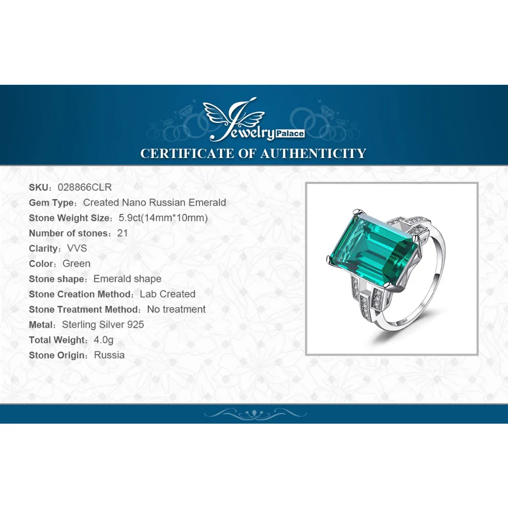JewelryPalace Роскошные 5.9ct зеленый Nano русские создали изумруд коктейльное кольцо для