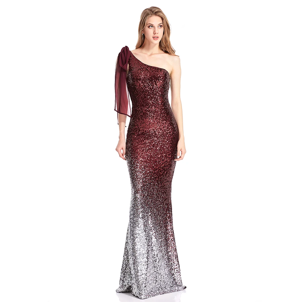 Женское винтажное платье Angel fashions бордовое вечернее на одно плечо с блестками