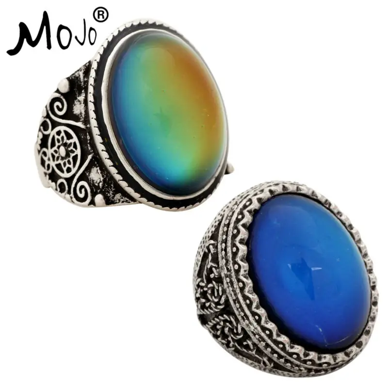 

2PCS Antique Silver Plated Color Changing Mood Rings Changing Color Temperature Emotion Feeling Rings Set For Women/Men 004-029