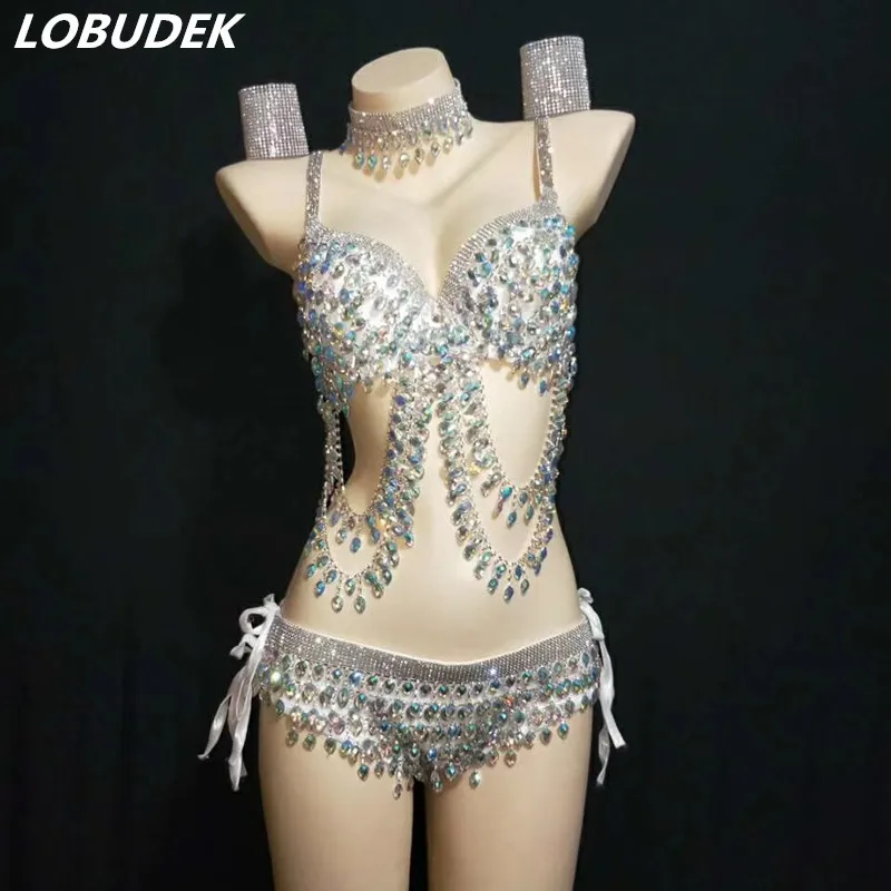 Сверкающие стразы комплект бикини с бисером сексуальная женская сценическая