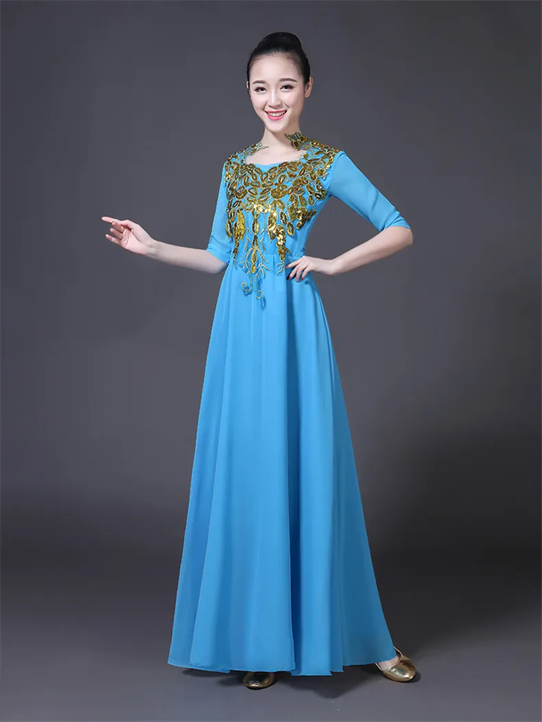 Китайский Hanfu хор представление Платье Женская юбка взрослый современный танец хост среднего возраста и пожилых выступлений платья