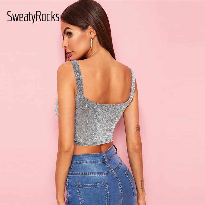 SweatyRocks Тонкий облегающий Блестящий укороченный Топ для женщин, облегающий уличная одежда, однотонный жилет, летние Гламурные топы без рукавов