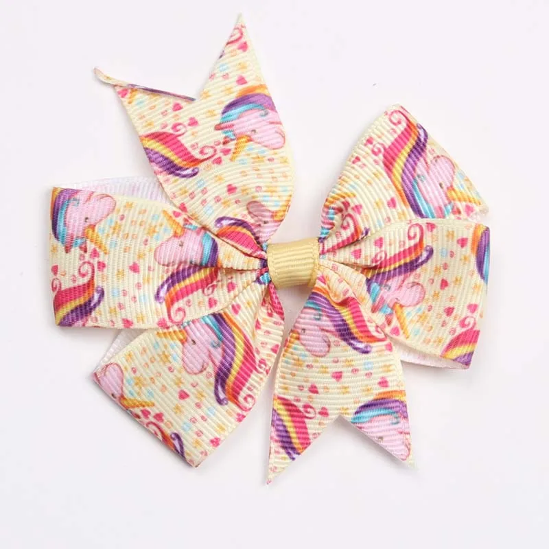 30 шт. Cartton Grosgrain ленты банты, заколки для волос 3 ''Единорог узор Луки с зажимы «крокодил» для школьницы Бутик волос лук