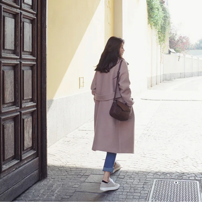 Preppy Style Long Wool Coat Loose Turn-down Collar Wool Blend Coat and Jacket Double Breasted Women Coats Autumn Winter