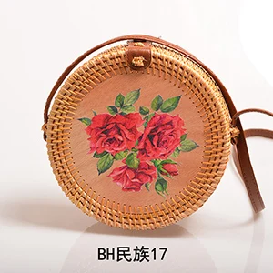 BH17 Женские сумки из ротанга с цветочным принтом, Пляжная винтажная сумка через плечо, женская Соломенная круглая Сумка-слинг B126 - Цвет: BH17