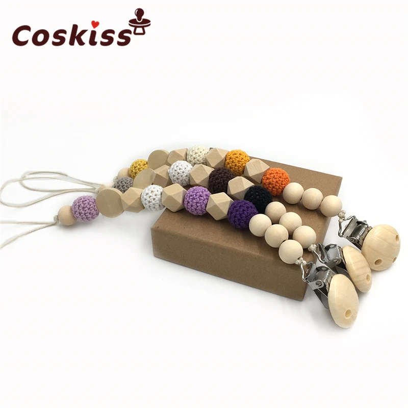 

3pcs/lot Nursing Geometric Wooden Teether Crochet Beads Pacifier Clip Dummy Holder Natural Color Silk Cord Baby Teether Gift