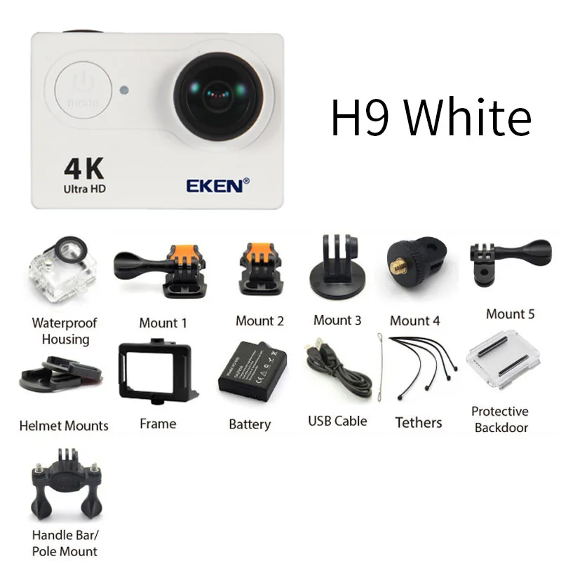 h9 White Экшн-камера eken H9 H9R wifi 4 K/30FPS 1080 p/60fps 720 P/120FPS Ultra HD мини-камера для подводной съемки Водонепроницаемая спортивная видеокамера - Цвет: h9 White