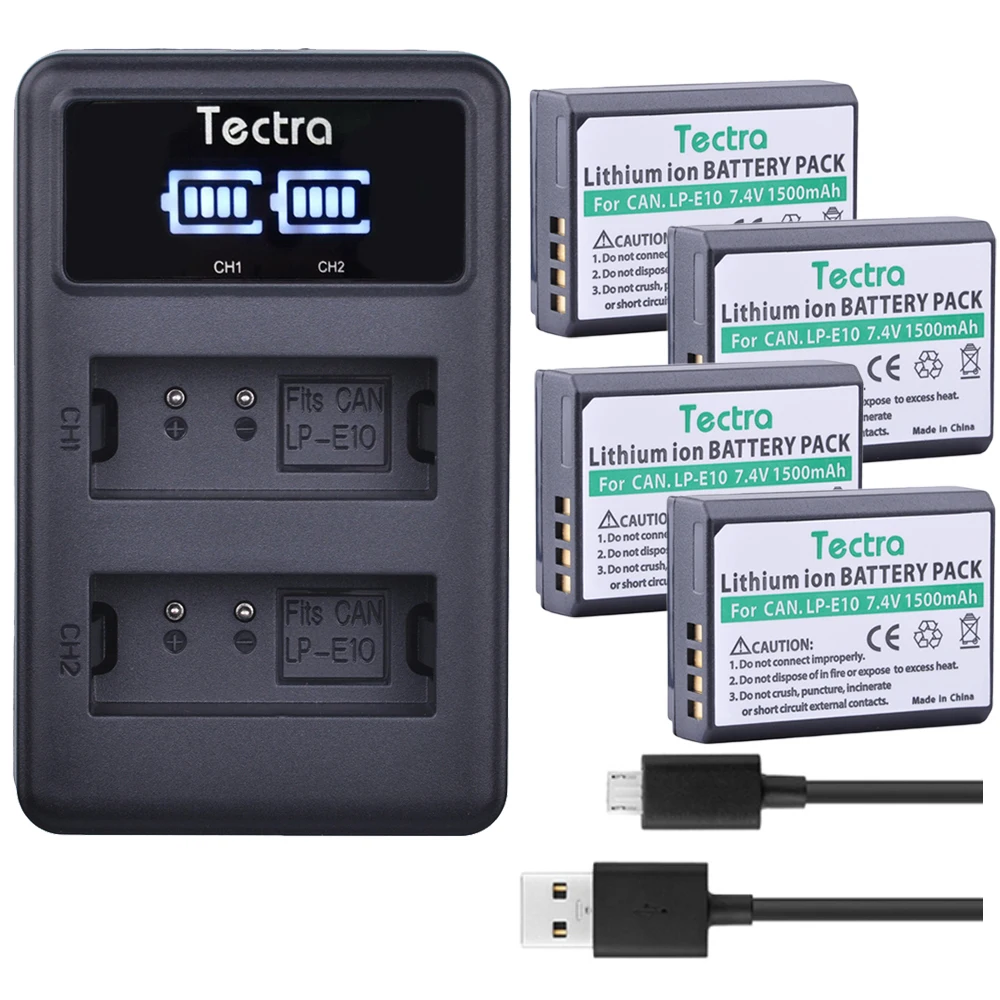 Tectra 4x LP-E10 LPE10 Bateria + светодиодный дисплей USB двойное зарядное устройство для Canon EOS