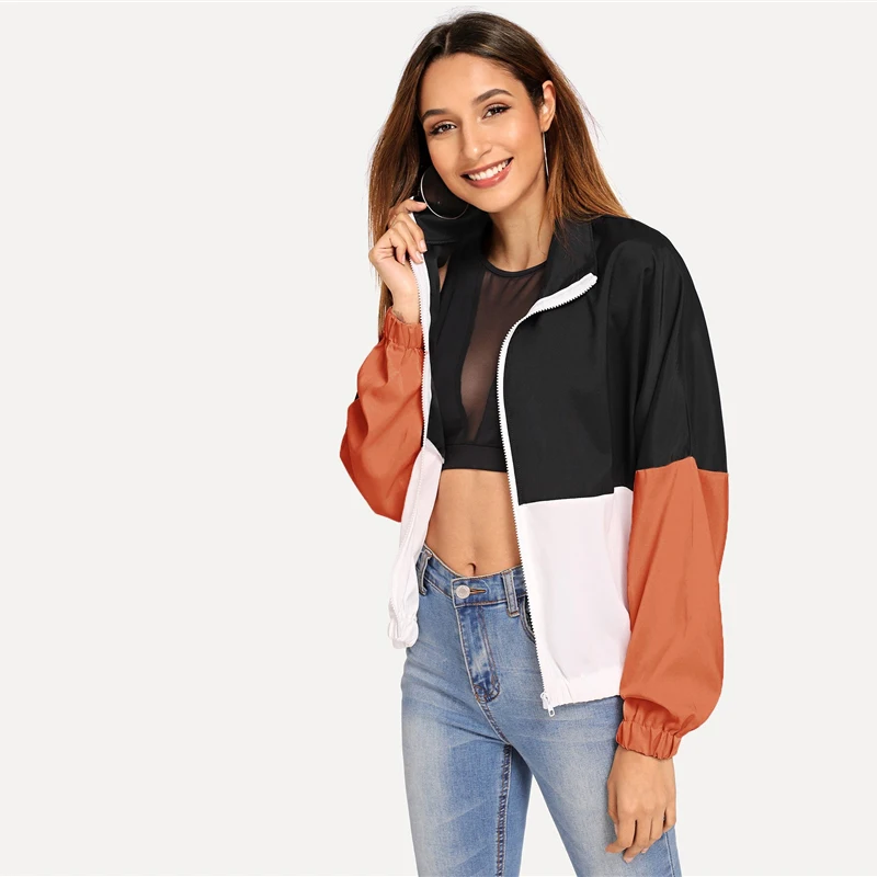 SHEIN Многоцветный эластичный подол цветной блок ветровка куртка для женщин лето осень с длинным рукавом спортивная уличная верхняя одежда пальто