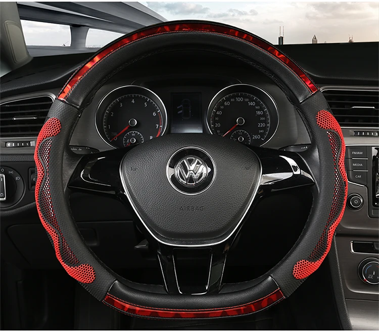 KKYSYELVA D Shape Leather Car Steering Wheel Cover Four Seasons Steering Wheel Hubs ForInterior Accessories