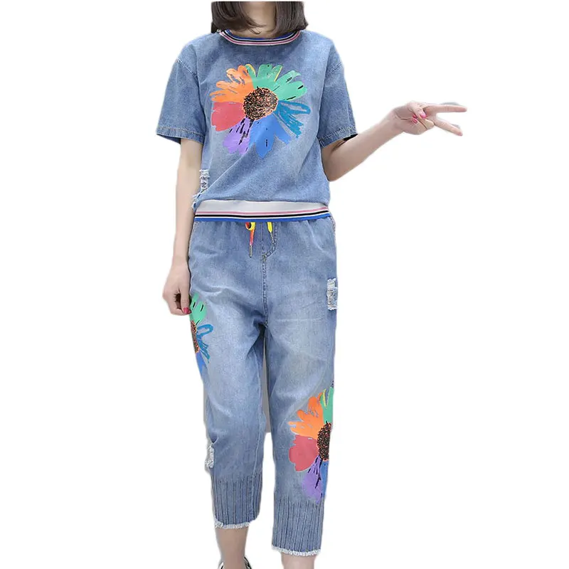 Женский джинсовый свитер Капри брюки комплект из 2 предметов Весенняя Модная