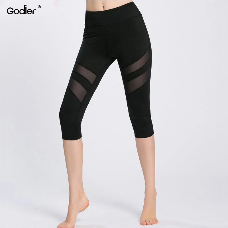 

Godier Net Yarn Patchwork Ladie Elastic Hollow Push Up Women Leggings High Waist Black Pants Transparent Sexy Leggings