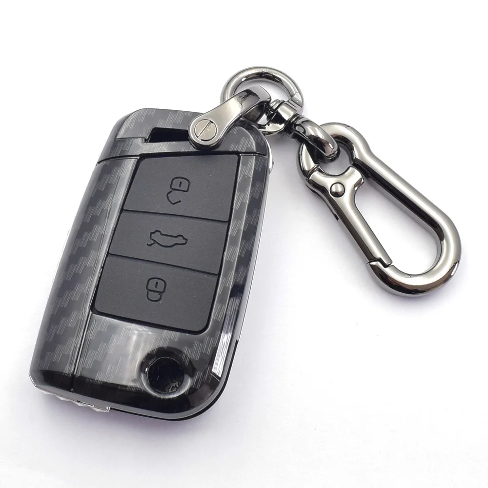 ATOBABI автомобильный чехол для ключей, брелок для Volkswagen VW Golf 7 Beetle SEAT Leon 5F Ibiza 6J 6P Ateca 3 кнопки, складной чехол дистанционного брелока - Название цвета: Carbon Fiber Black