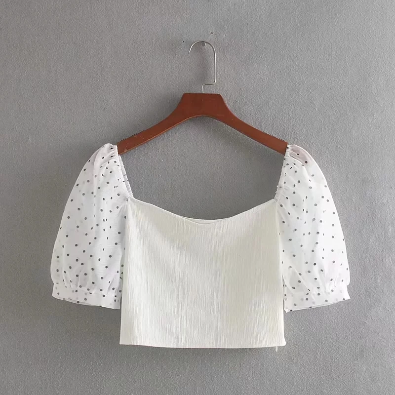 Женская шифоновая блузка с принтом в горошек короткая облегающая пышными