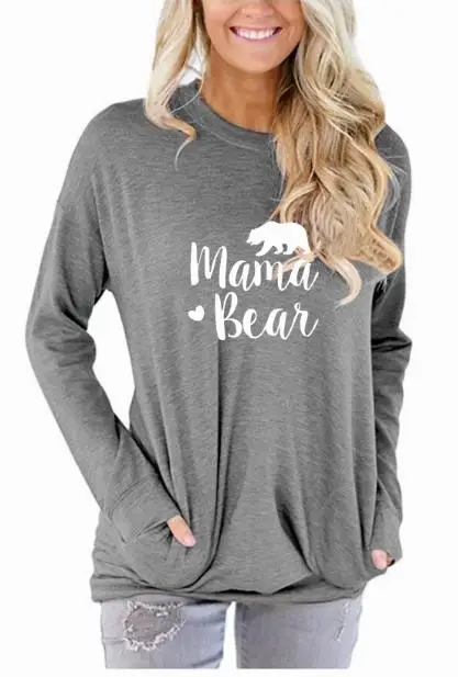 light gray Mama Bear однотонная повседневная женская футболка осень зима длинный рукав карманы o-образный вырез женская футболка Топ Хлопок размера плюс Прямая поставка - Цвет: light gray