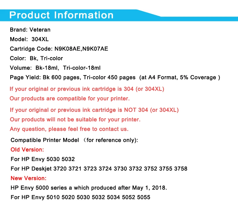 Ветеран 304XL Совместимый картридж для hp 304 xl hp 304 картридж для hp Envy 5010 5020 5030 5032 5034 2632 2630 2620 принтер