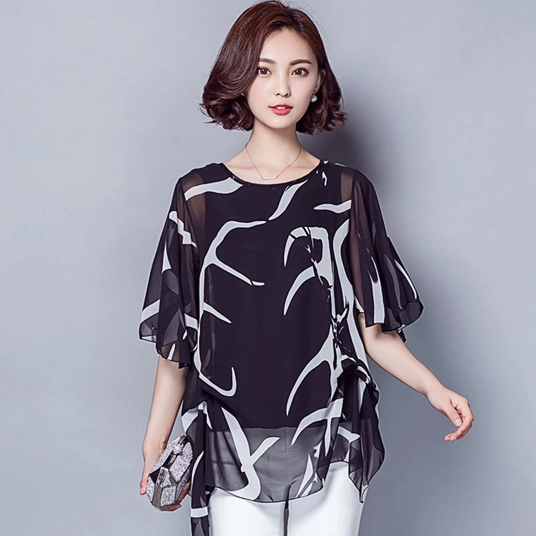 2019 модная шифоновая блуза с рукавами клеш Женская Повседневная Свободная